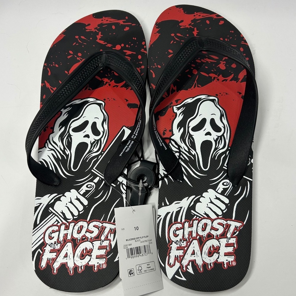 Ghost Face Scream Horror Movie Flip Flops Mens Size 9/10 Black Red New